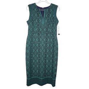 ADORNE Tatum Scuba Knit Midi Sheath Dress Sleeveless Printed Teal Green 12 NWT